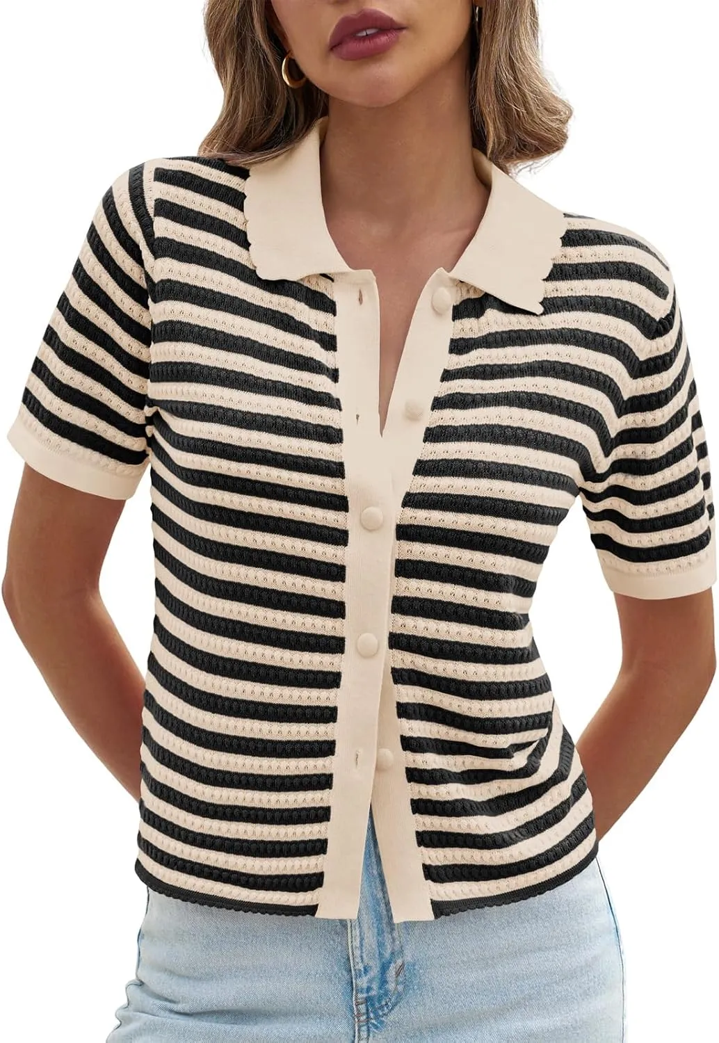 Saodimallsu Womens Striped Short Sleeve Sweater Tops Polo Collared Button Crochet Summer Cropped Cardigan