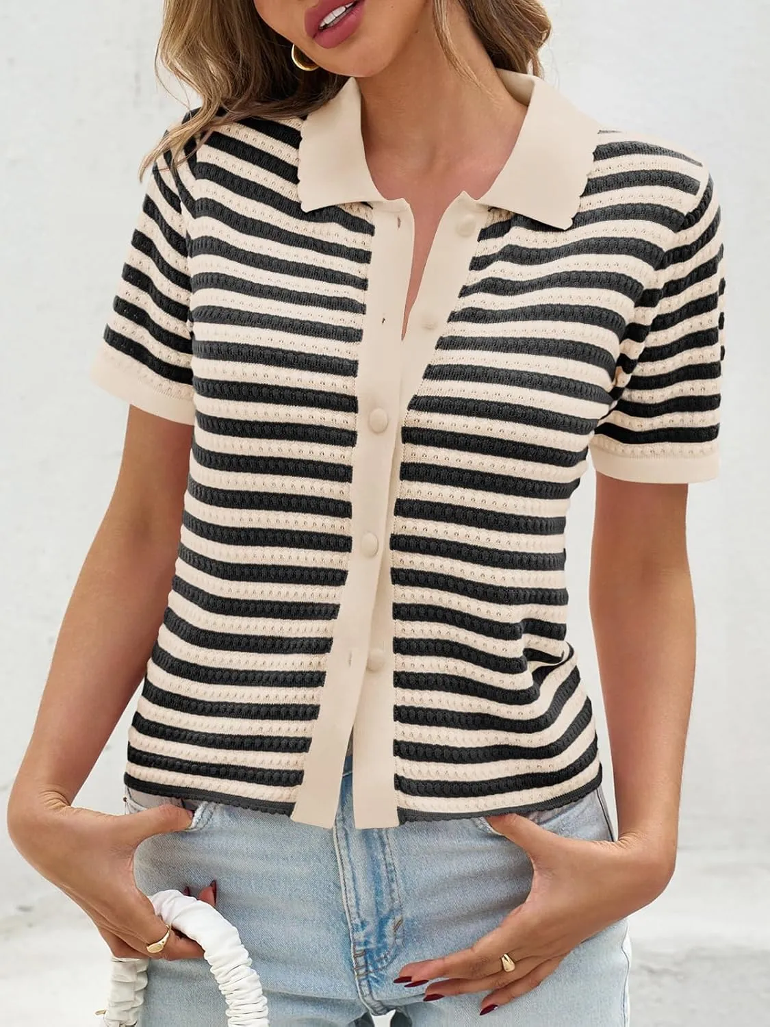 Saodimallsu Womens Striped Short Sleeve Sweater Tops Polo Collared Button Crochet Summer Cropped Cardigan