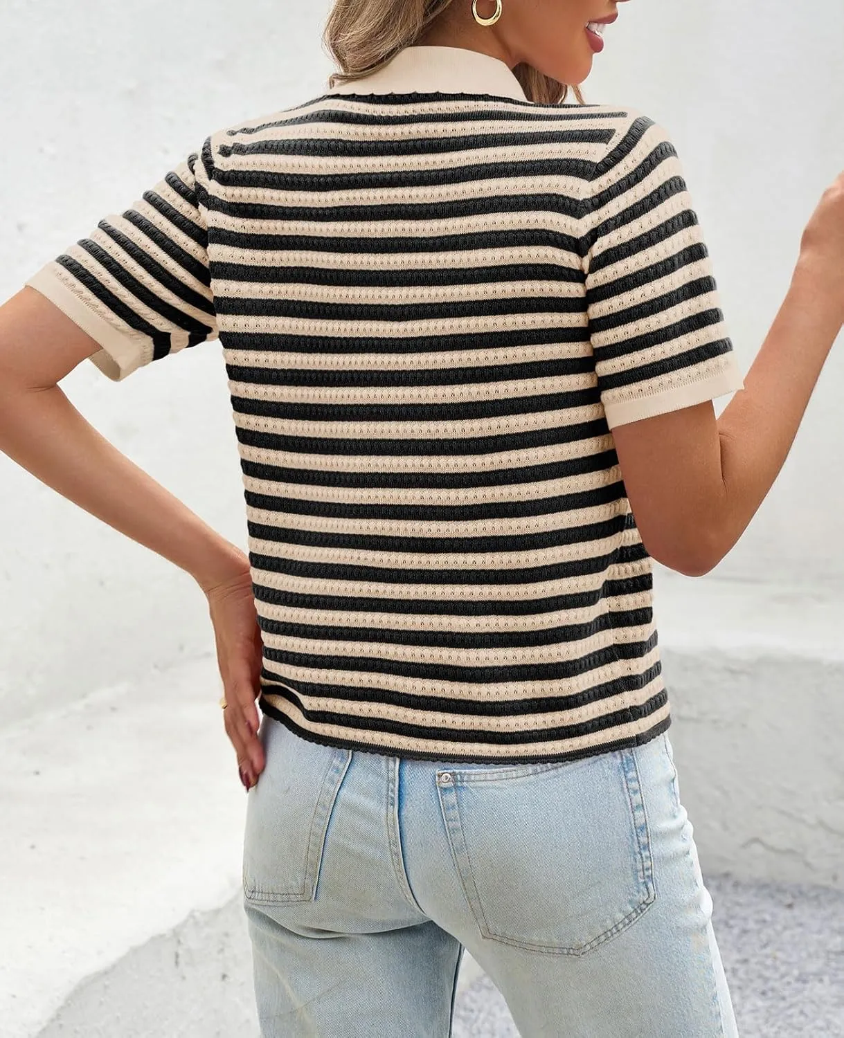 Saodimallsu Womens Striped Short Sleeve Sweater Tops Polo Collared Button Crochet Summer Cropped Cardigan