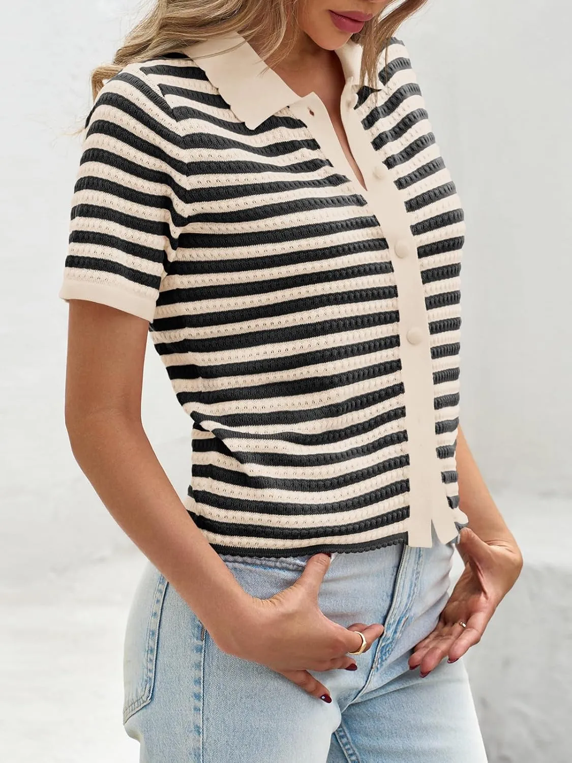 Saodimallsu Womens Striped Short Sleeve Sweater Tops Polo Collared Button Crochet Summer Cropped Cardigan