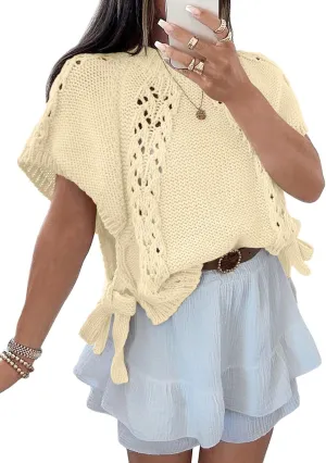 Saodimallsu Womens Summer Short Sleeve Sweater Side Tie Cropped Casual Crewneck Crochet Loose Knit Pullover Tops
