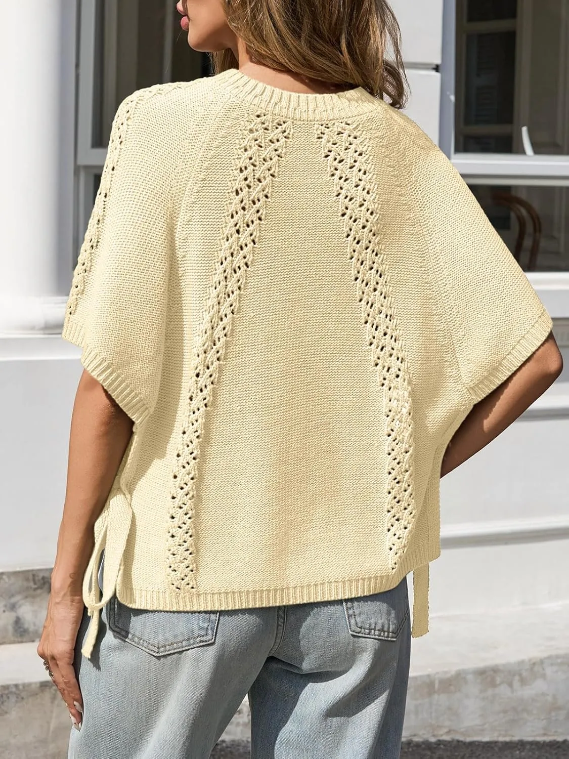 Saodimallsu Womens Summer Short Sleeve Sweater Side Tie Cropped Casual Crewneck Crochet Loose Knit Pullover Tops