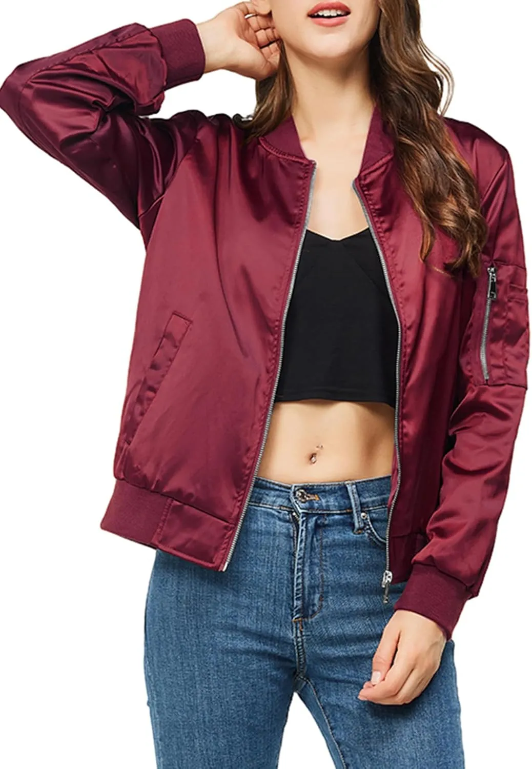 Satin Bomber Jacket Women Casual Fall Varsity Jackets Zip Up Outerwear Windbreaker with Pockets
