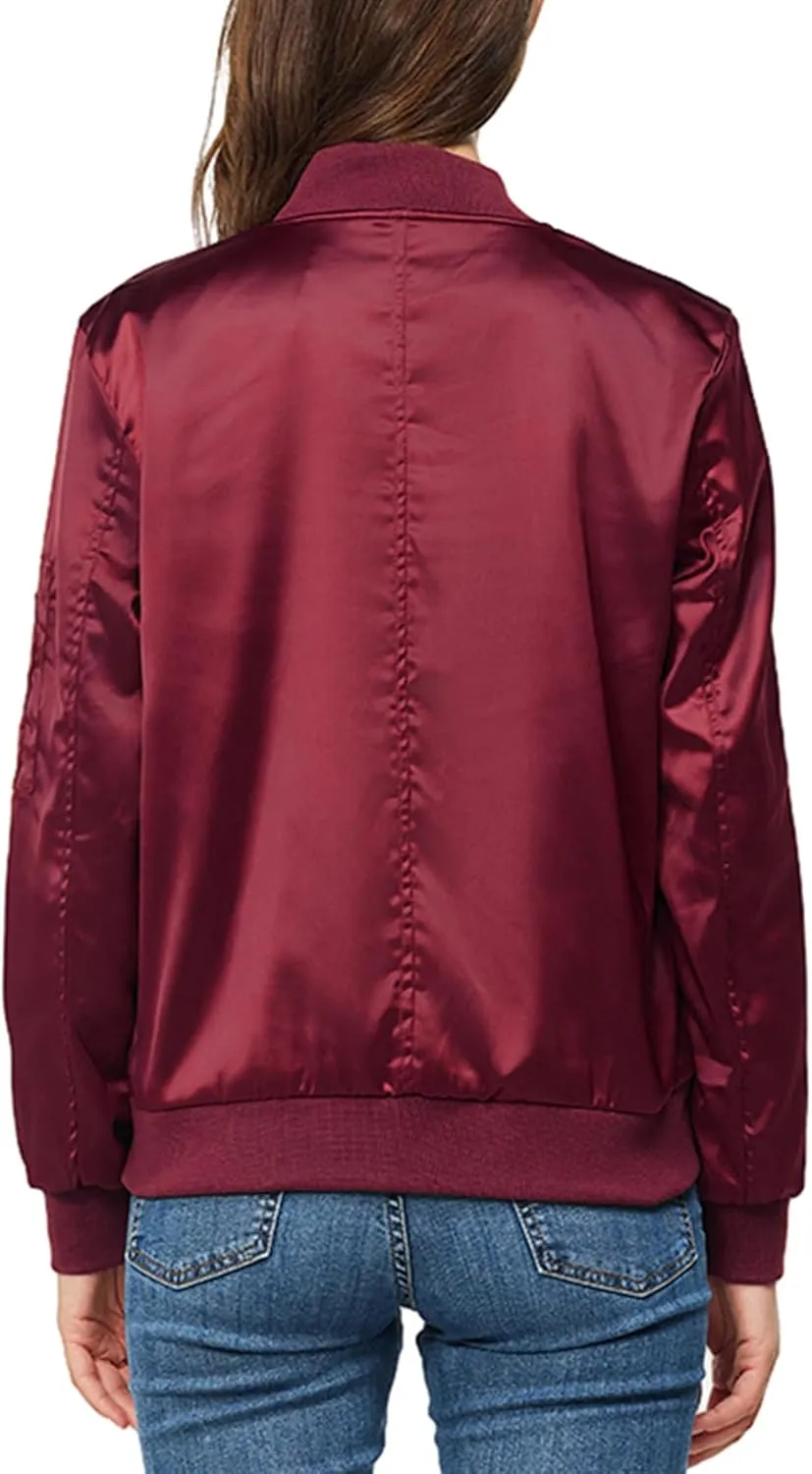 Satin Bomber Jacket Women Casual Fall Varsity Jackets Zip Up Outerwear Windbreaker with Pockets