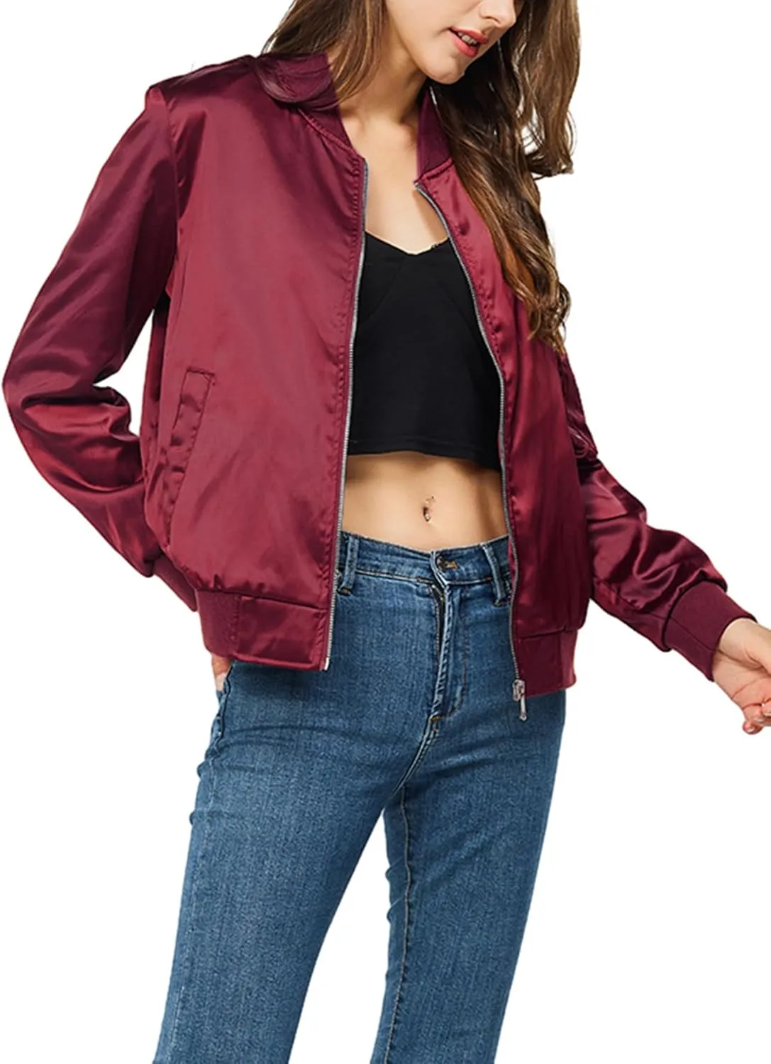 Satin Bomber Jacket Women Casual Fall Varsity Jackets Zip Up Outerwear Windbreaker with Pockets