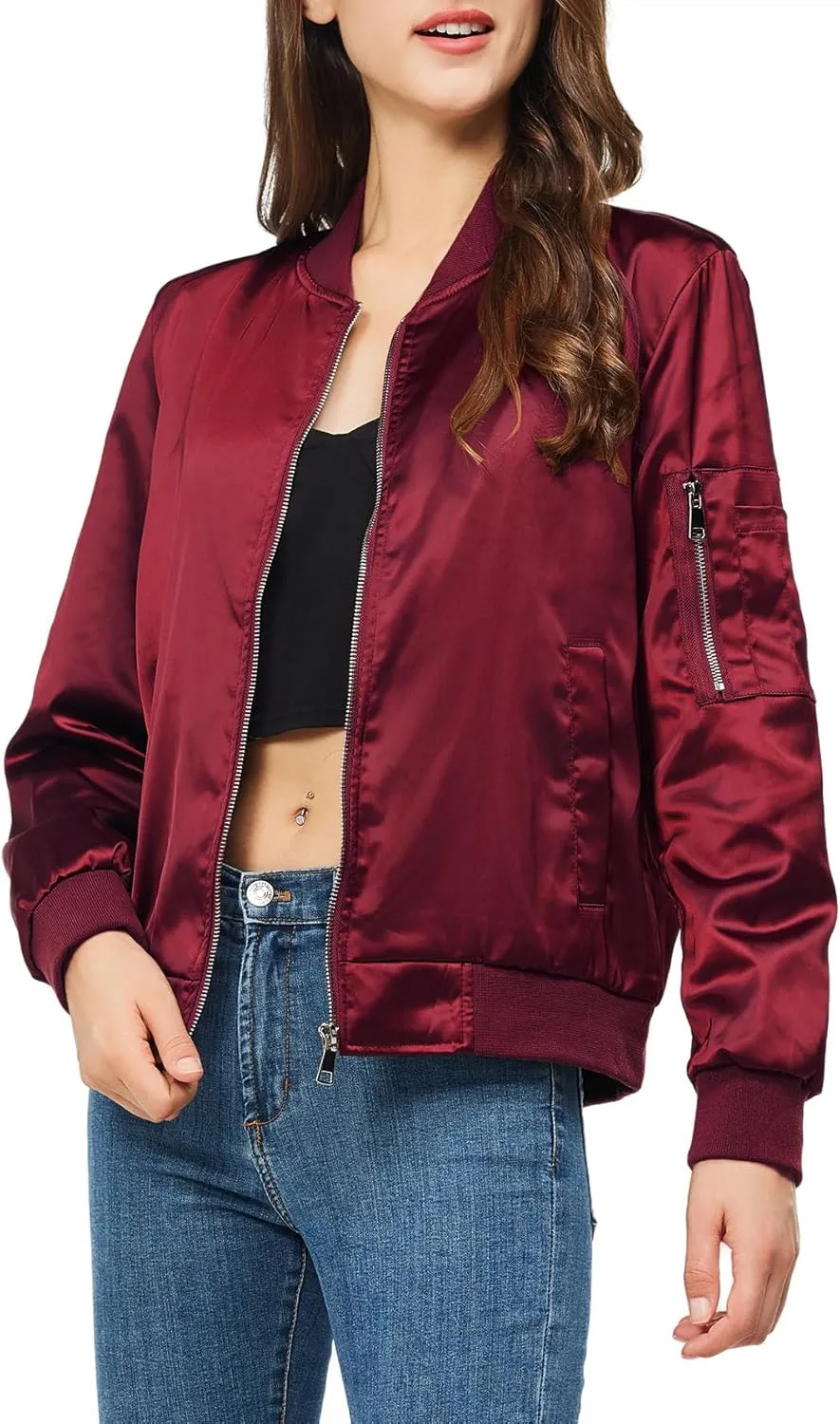 Satin Bomber Jacket Women Casual Fall Varsity Jackets Zip Up Outerwear Windbreaker with Pockets