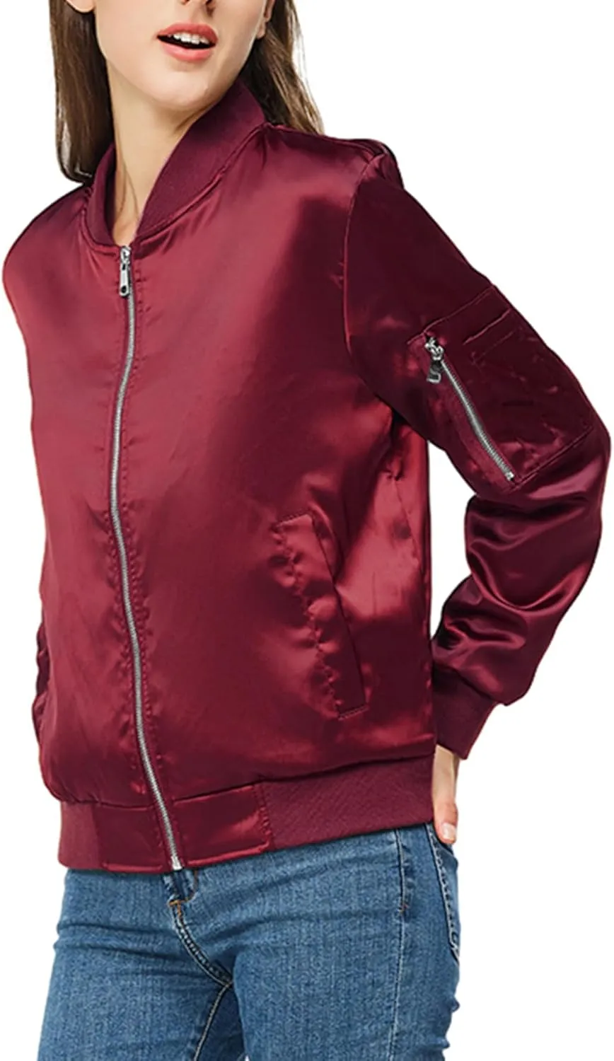 Satin Bomber Jacket Women Casual Fall Varsity Jackets Zip Up Outerwear Windbreaker with Pockets