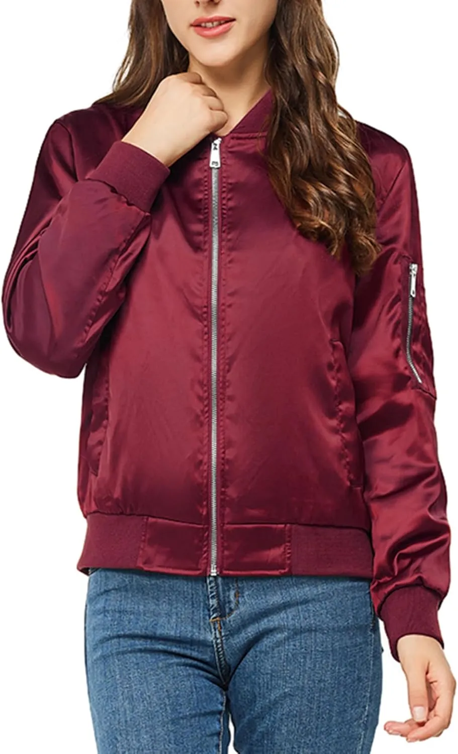 Satin Bomber Jacket Women Casual Fall Varsity Jackets Zip Up Outerwear Windbreaker with Pockets