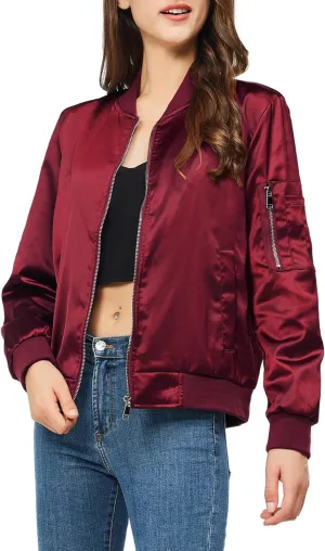Satin Bomber Jacket Women Casual Fall Varsity Jackets Zip Up Outerwear Windbreaker with Pockets