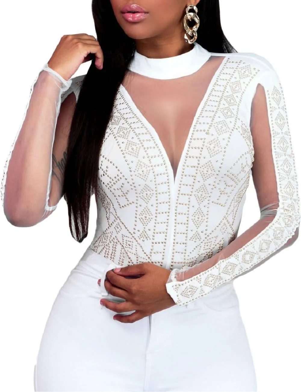 SEBOWEL Women Long Sleeves Mesh See Through Jumpsuit Bodysuit Top Leotard