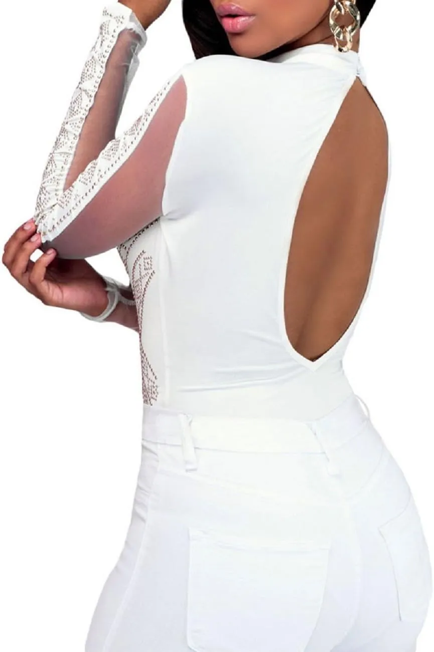 SEBOWEL Women Long Sleeves Mesh See Through Jumpsuit Bodysuit Top Leotard