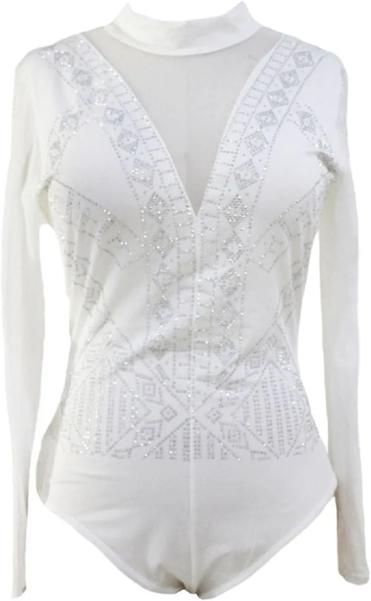 SEBOWEL Women Long Sleeves Mesh See Through Jumpsuit Bodysuit Top Leotard