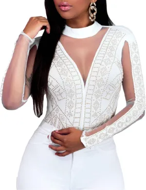 SEBOWEL Women Long Sleeves Mesh See Through Jumpsuit Bodysuit Top Leotard