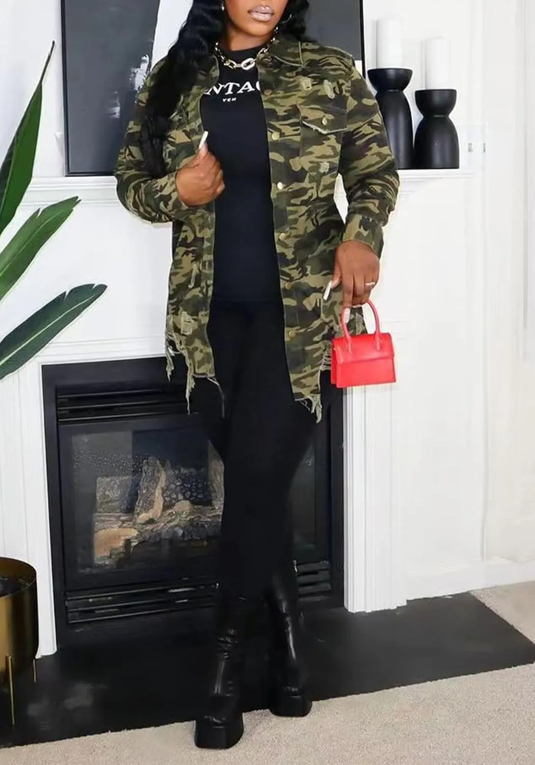 Seltaon Casual Ripped Camo Jacket for Women Fall Camouflage Army Fatigue Green Jackets Coat Plus Size