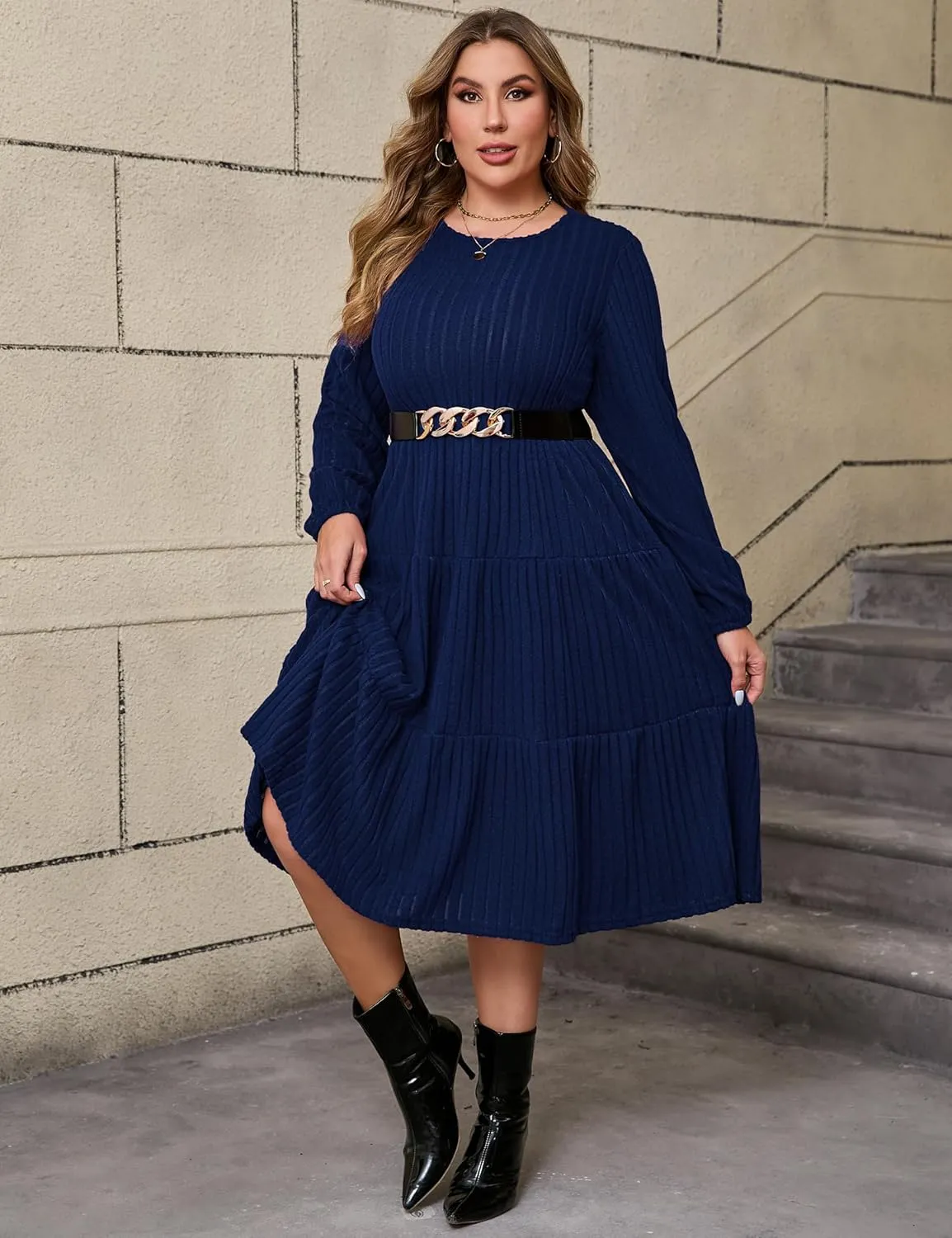 ShopWonder Women Plus Size Knit Sweater Dress Round Neck Long Sleeves Comfy Pullover Winter Midi Dress with Belt