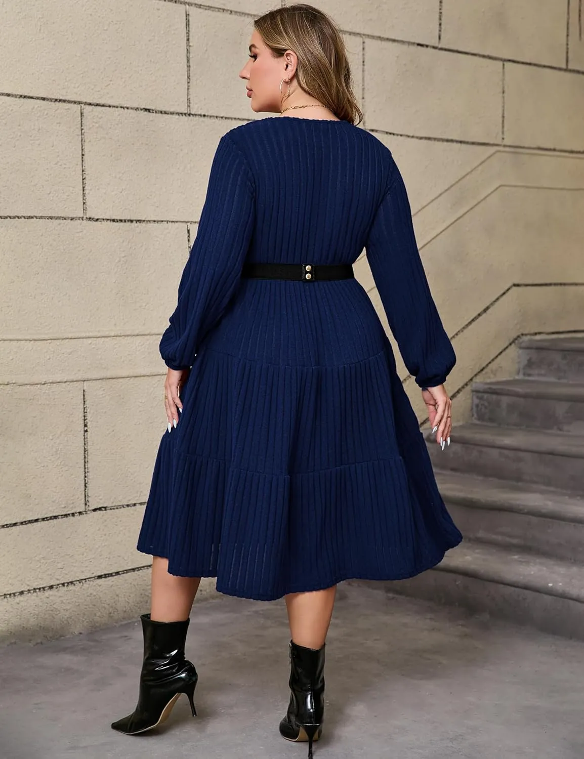 ShopWonder Women Plus Size Knit Sweater Dress Round Neck Long Sleeves Comfy Pullover Winter Midi Dress with Belt