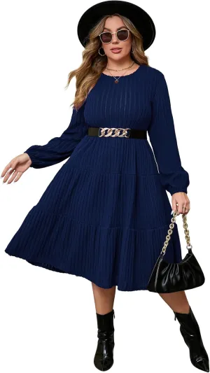 ShopWonder Women Plus Size Knit Sweater Dress Round Neck Long Sleeves Comfy Pullover Winter Midi Dress with Belt