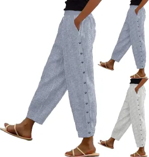Side Button Pants Womens Striped Straight Leg Casual Pants Elastic Waist Baggy Trendy Trousers with Pockets