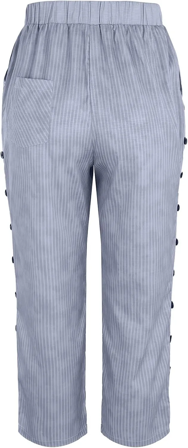 Side Button Pants Womens Striped Straight Leg Casual Pants Elastic Waist Baggy Trendy Trousers with Pockets