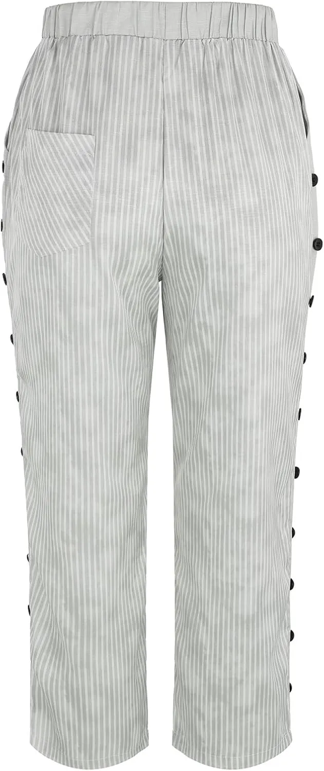 Side Button Pants Womens Striped Straight Leg Casual Pants Elastic Waist Baggy Trendy Trousers with Pockets