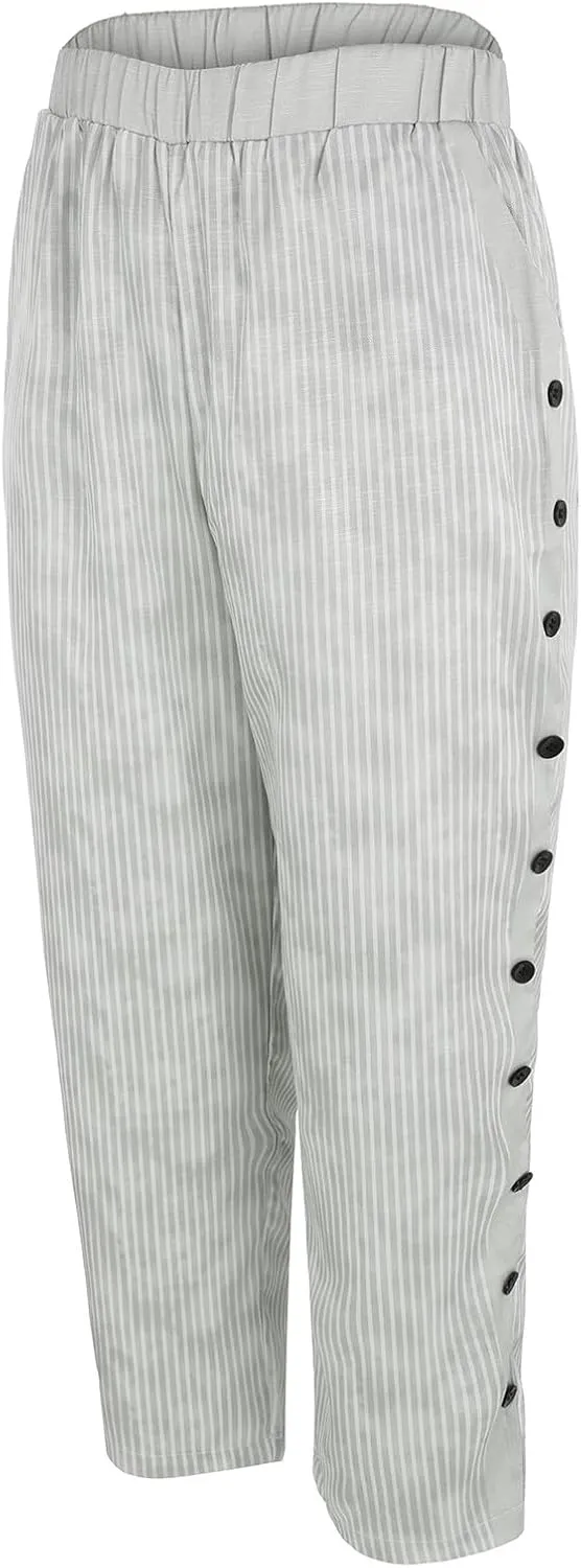 Side Button Pants Womens Striped Straight Leg Casual Pants Elastic Waist Baggy Trendy Trousers with Pockets