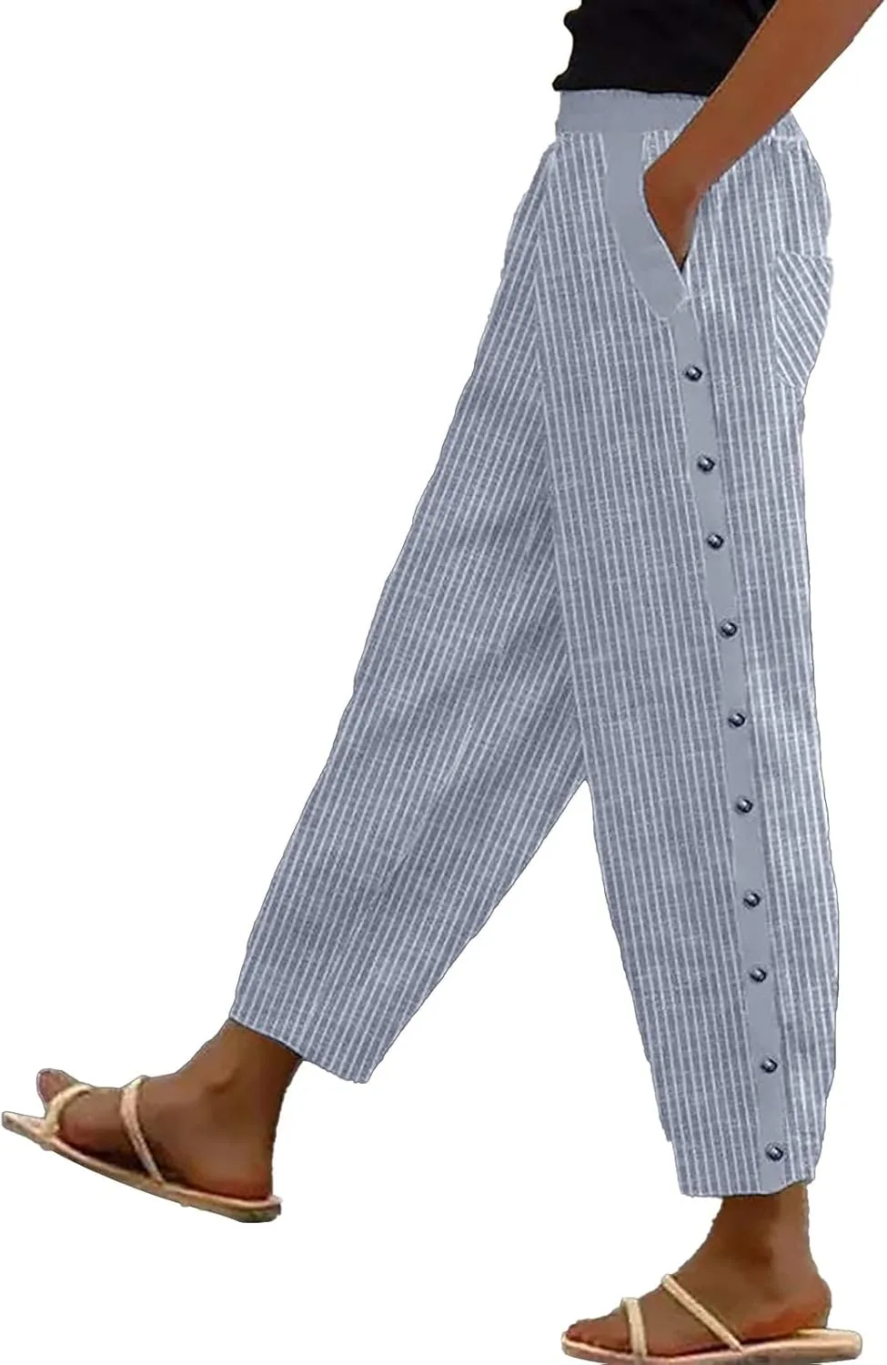Side Button Pants Womens Striped Straight Leg Casual Pants Elastic Waist Baggy Trendy Trousers with Pockets