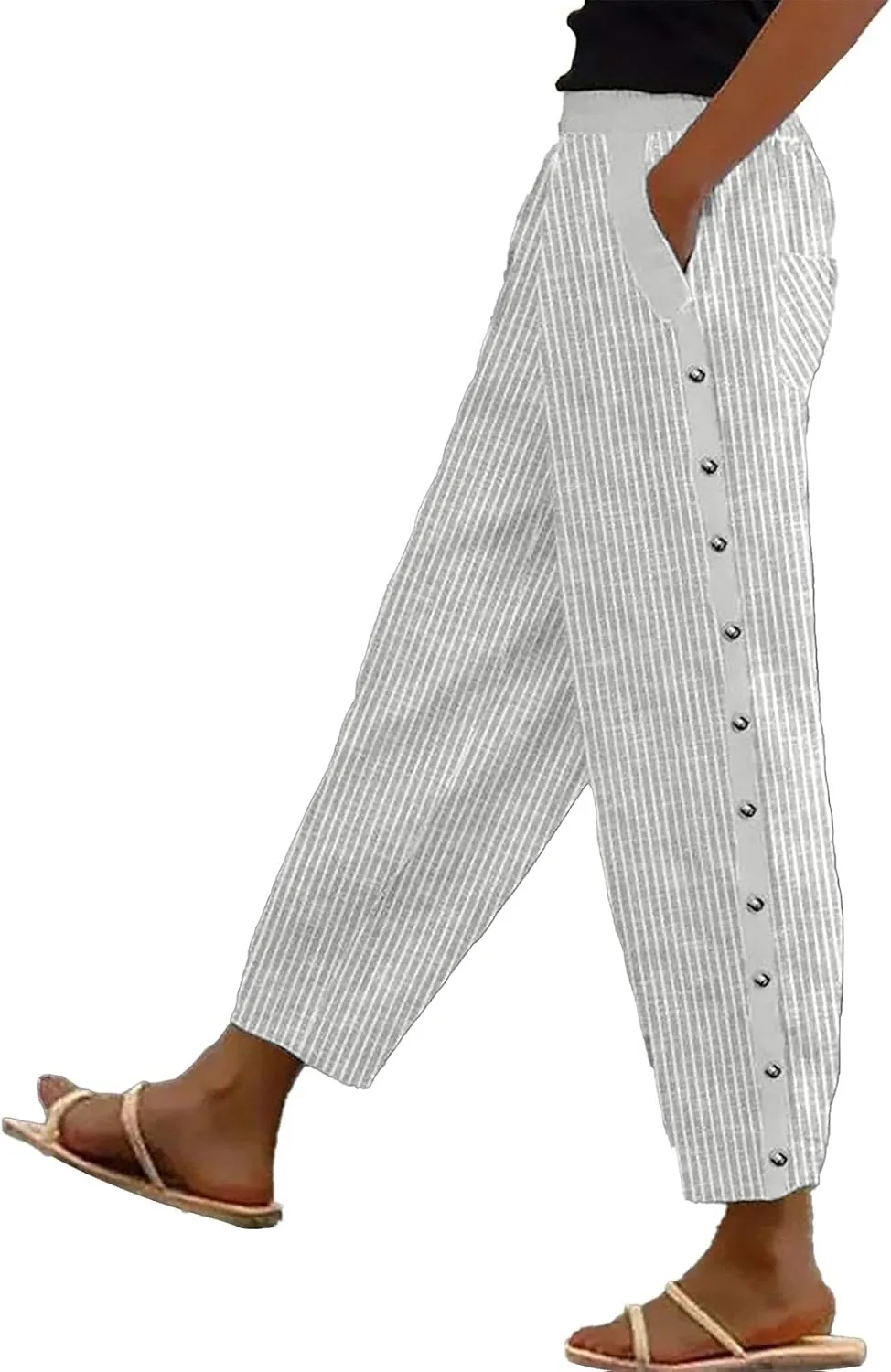 Side Button Pants Womens Striped Straight Leg Casual Pants Elastic Waist Baggy Trendy Trousers with Pockets