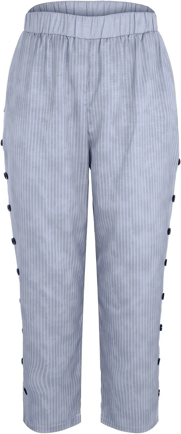 Side Button Pants Womens Striped Straight Leg Casual Pants Elastic Waist Baggy Trendy Trousers with Pockets