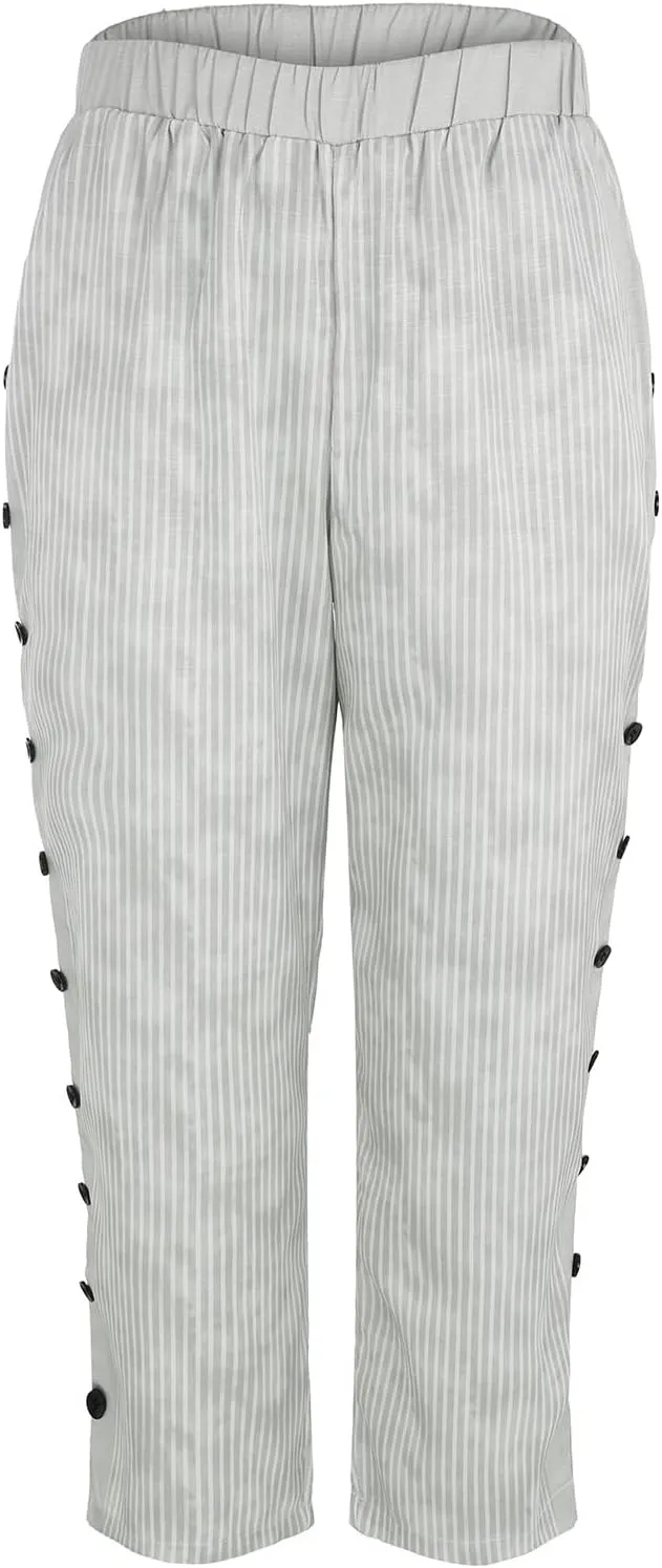 Side Button Pants Womens Striped Straight Leg Casual Pants Elastic Waist Baggy Trendy Trousers with Pockets