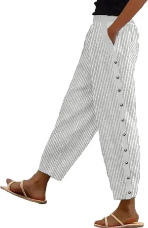 Side Button Pants Womens Striped Straight Leg Casual Pants Elastic Waist Baggy Trendy Trousers with Pockets