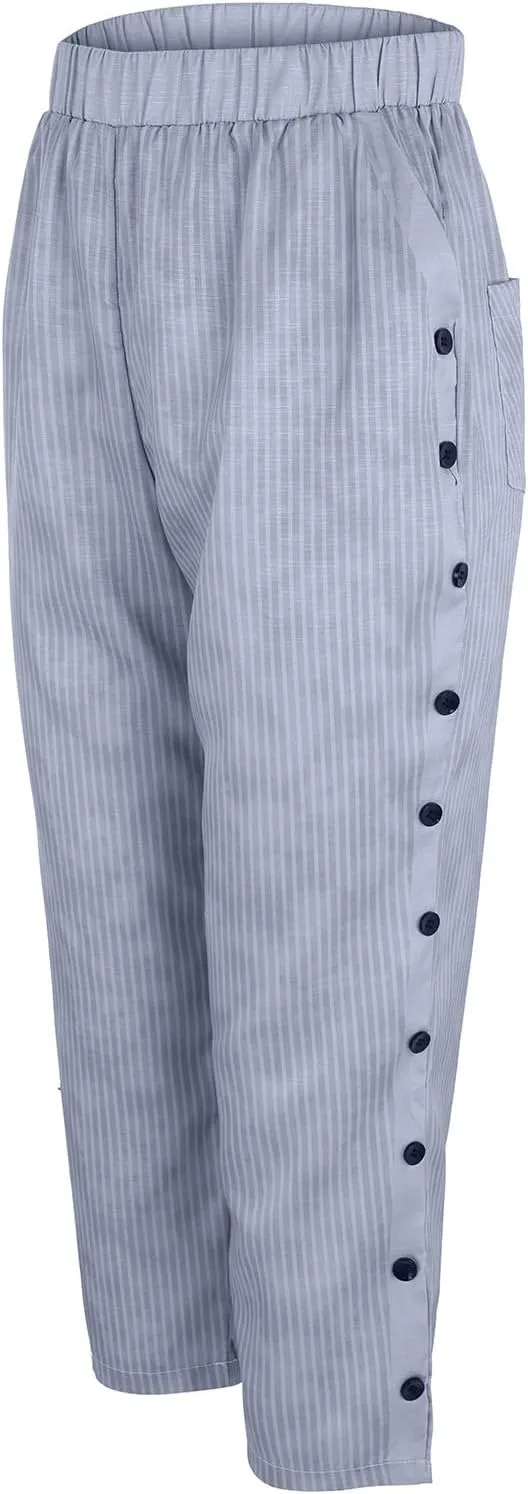 Side Button Pants Womens Striped Straight Leg Casual Pants Elastic Waist Baggy Trendy Trousers with Pockets