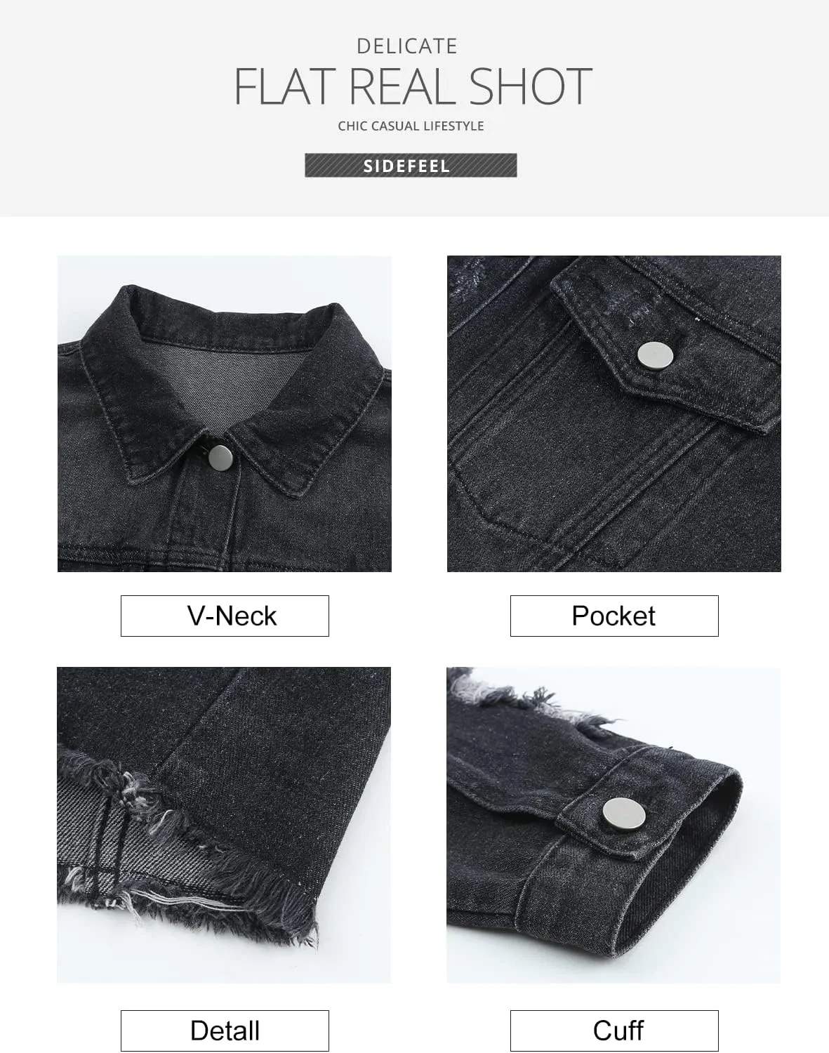 Sidefeel Women's Denim Jacket Long Sleeve Button Distressed Ripped Zimbaplatinum Jean Coat
