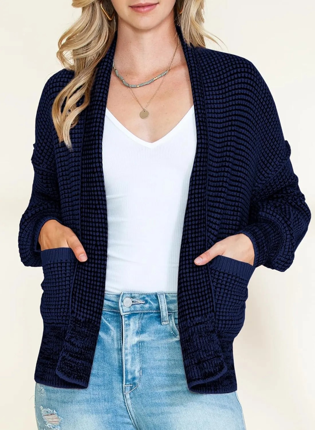 Sidefeel Womens Plaid Short Cardigan Oversized Chunky Long Sleeve Knit Open Front Cardigan Sweaters with Pockets
