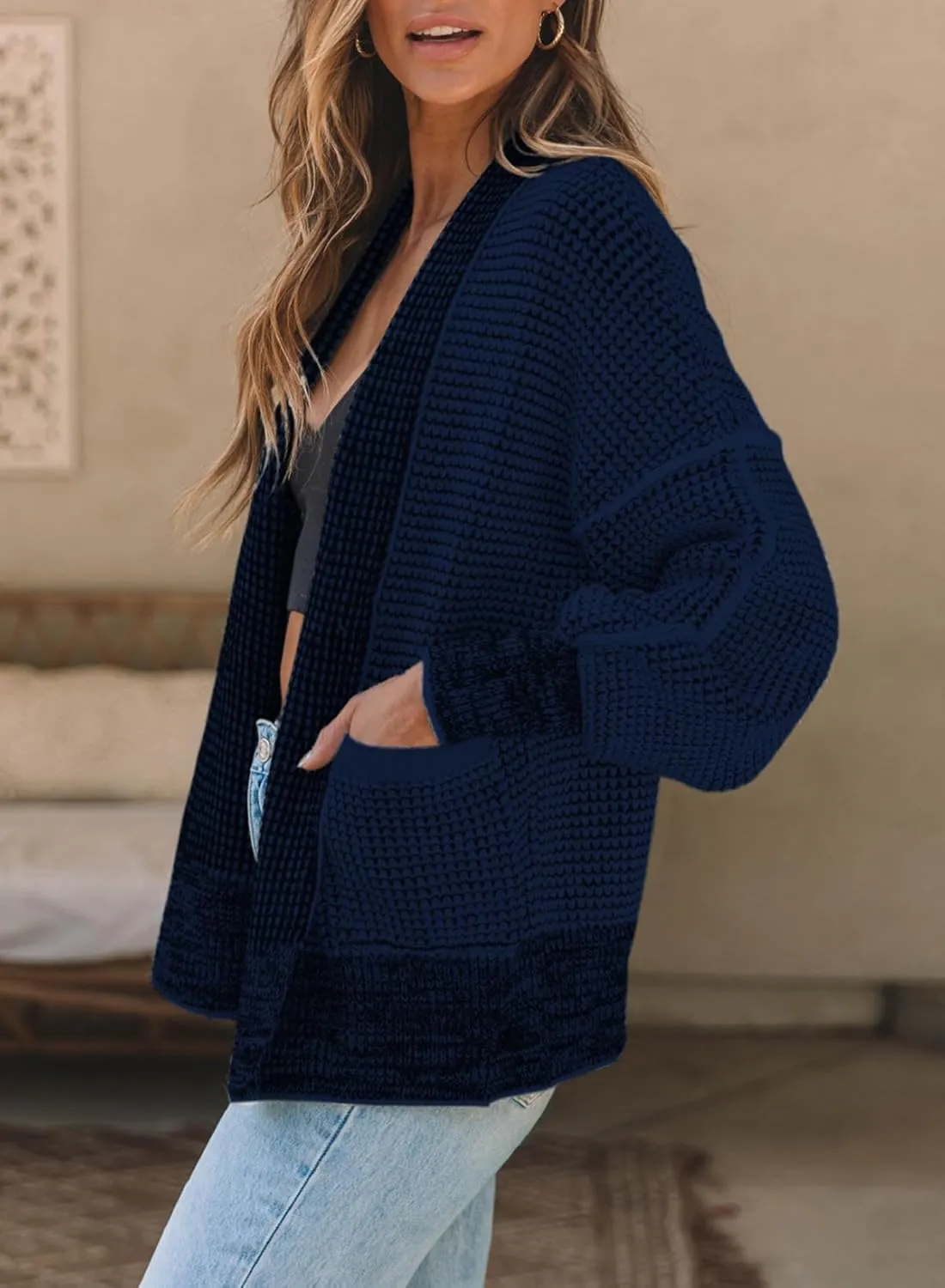 Sidefeel Womens Plaid Short Cardigan Oversized Chunky Long Sleeve Knit Open Front Cardigan Sweaters with Pockets