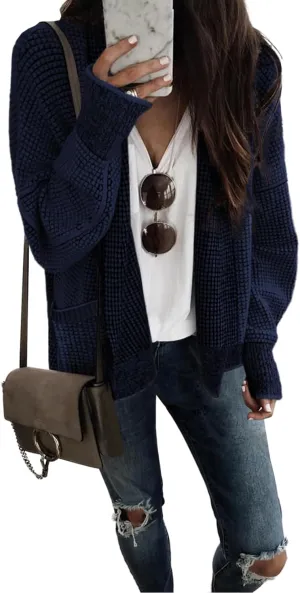 Sidefeel Womens Plaid Short Cardigan Oversized Chunky Long Sleeve Knit Open Front Cardigan Sweaters with Pockets