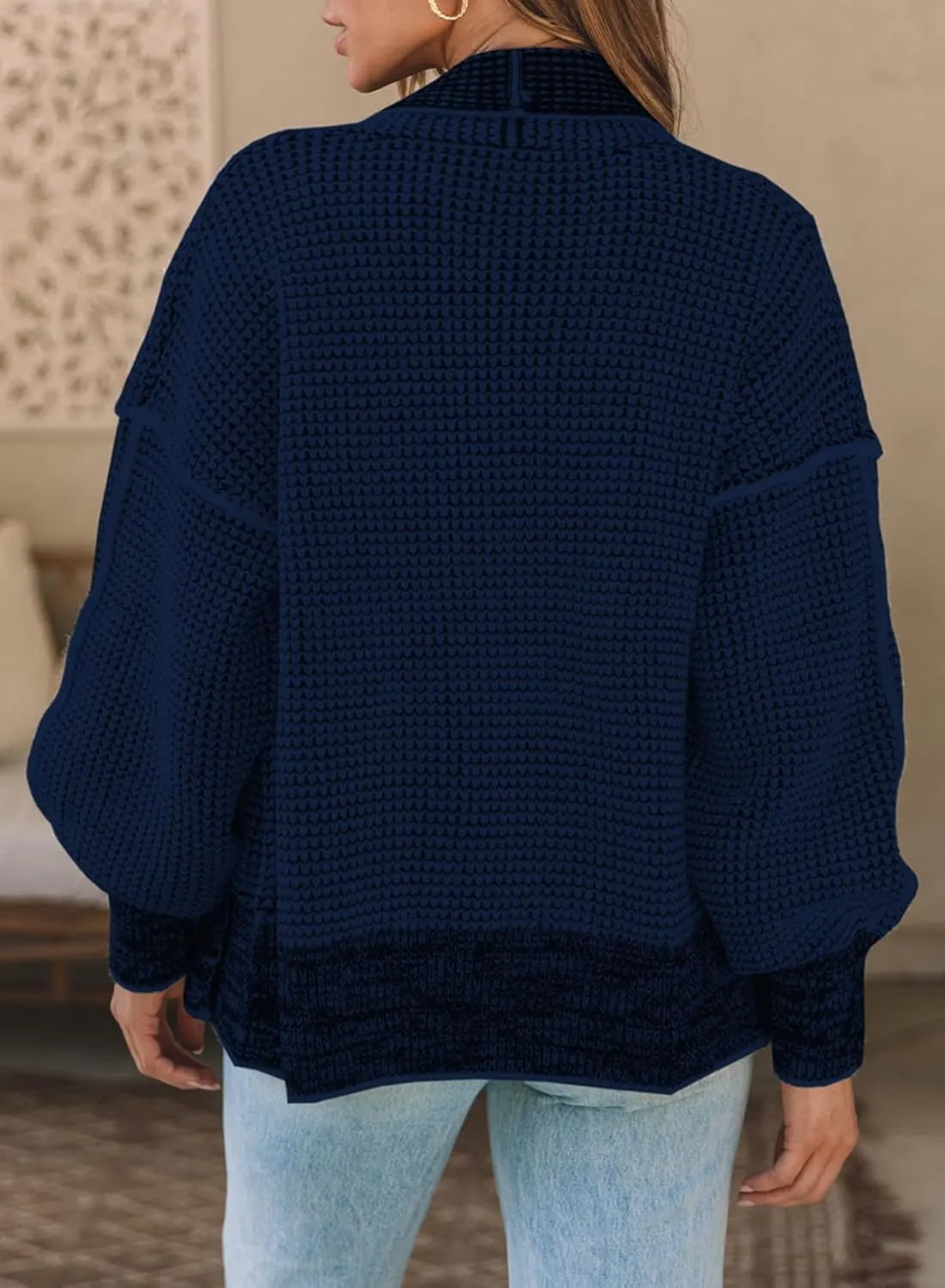 Sidefeel Womens Plaid Short Cardigan Oversized Chunky Long Sleeve Knit Open Front Cardigan Sweaters with Pockets