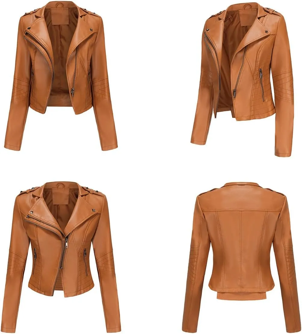 Sister Amy Women PU Leather Jacket Women Bomber Jacket Cropped Zipper Jacket Moto Coat