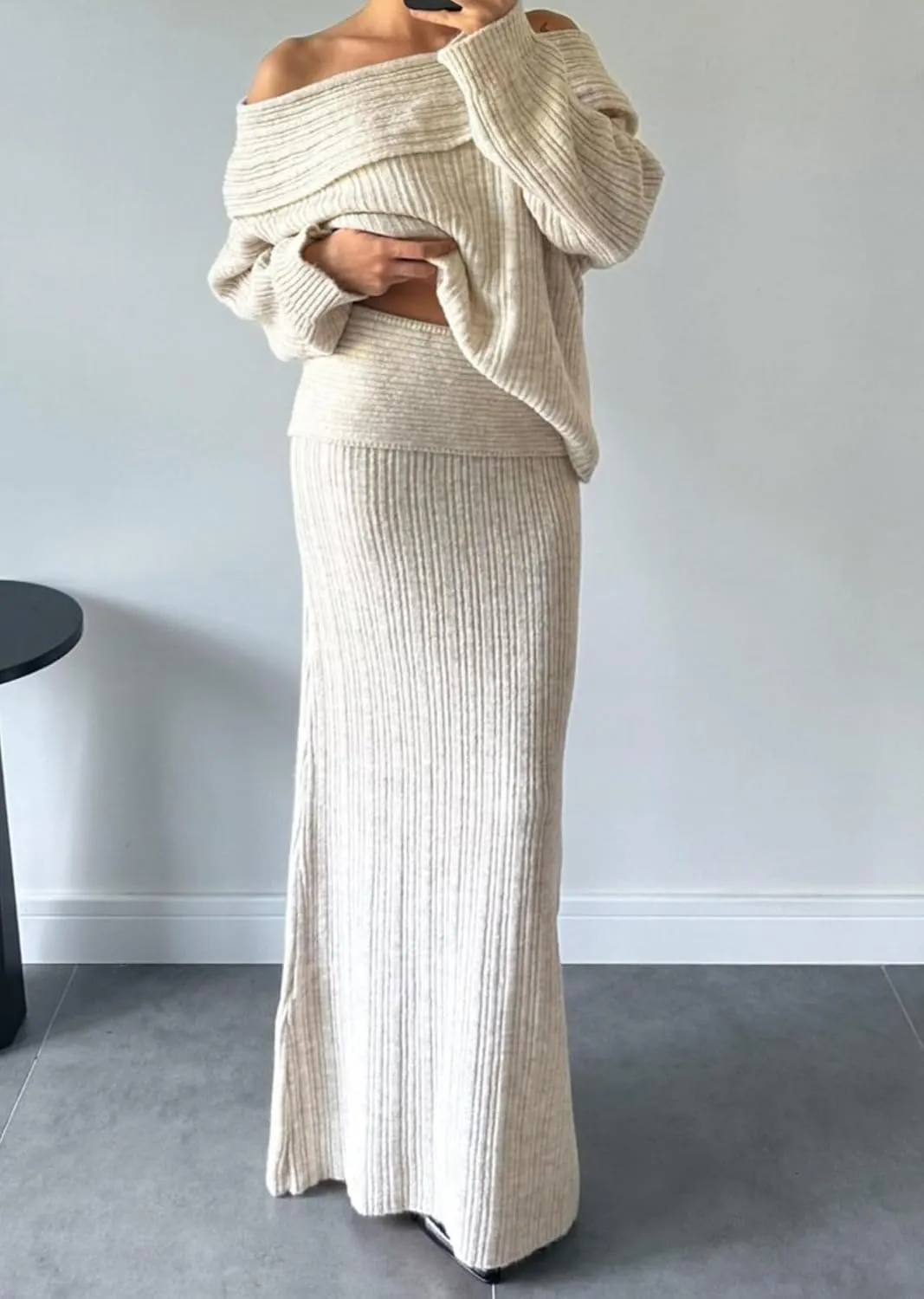 Skirt Sets Women 2 Piece Outfits Off Shoulder Long Sleeve Sweater Bodycon Maxi Skirt Fall Knit Sweater Set