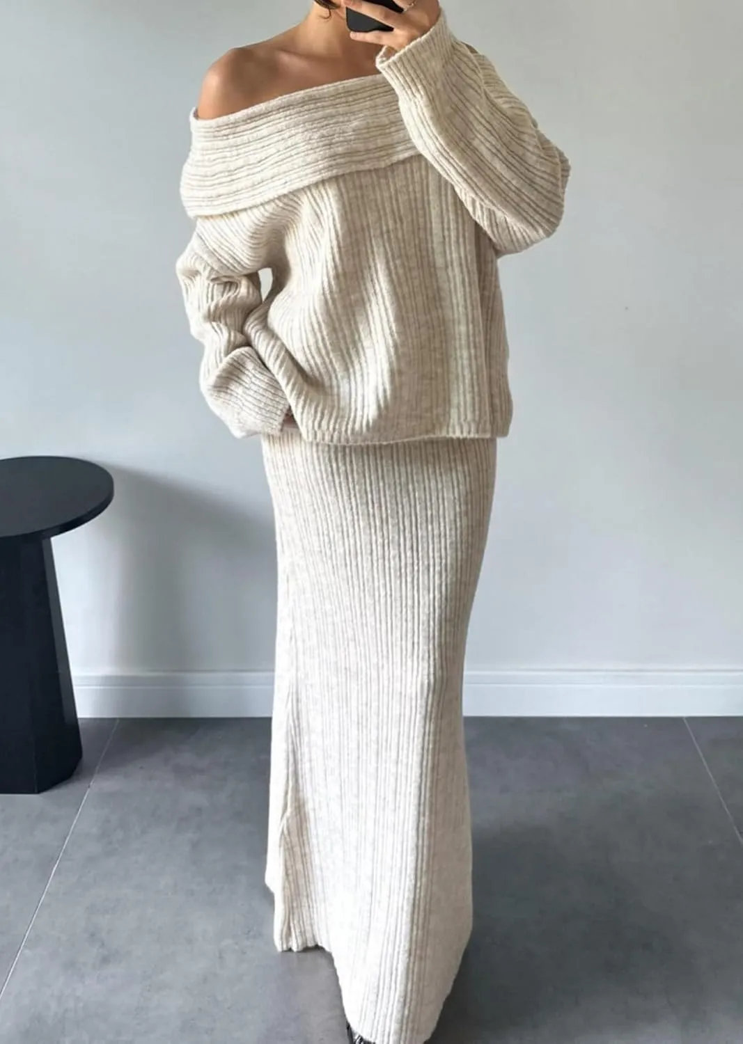 Skirt Sets Women 2 Piece Outfits Off Shoulder Long Sleeve Sweater Bodycon Maxi Skirt Fall Knit Sweater Set