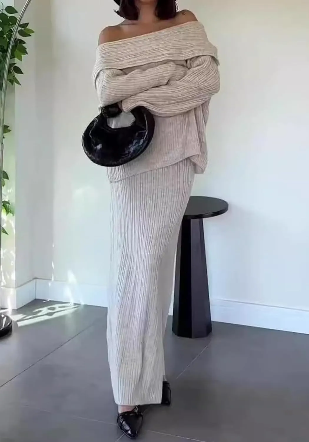 Skirt Sets Women 2 Piece Outfits Off Shoulder Long Sleeve Sweater Bodycon Maxi Skirt Fall Knit Sweater Set