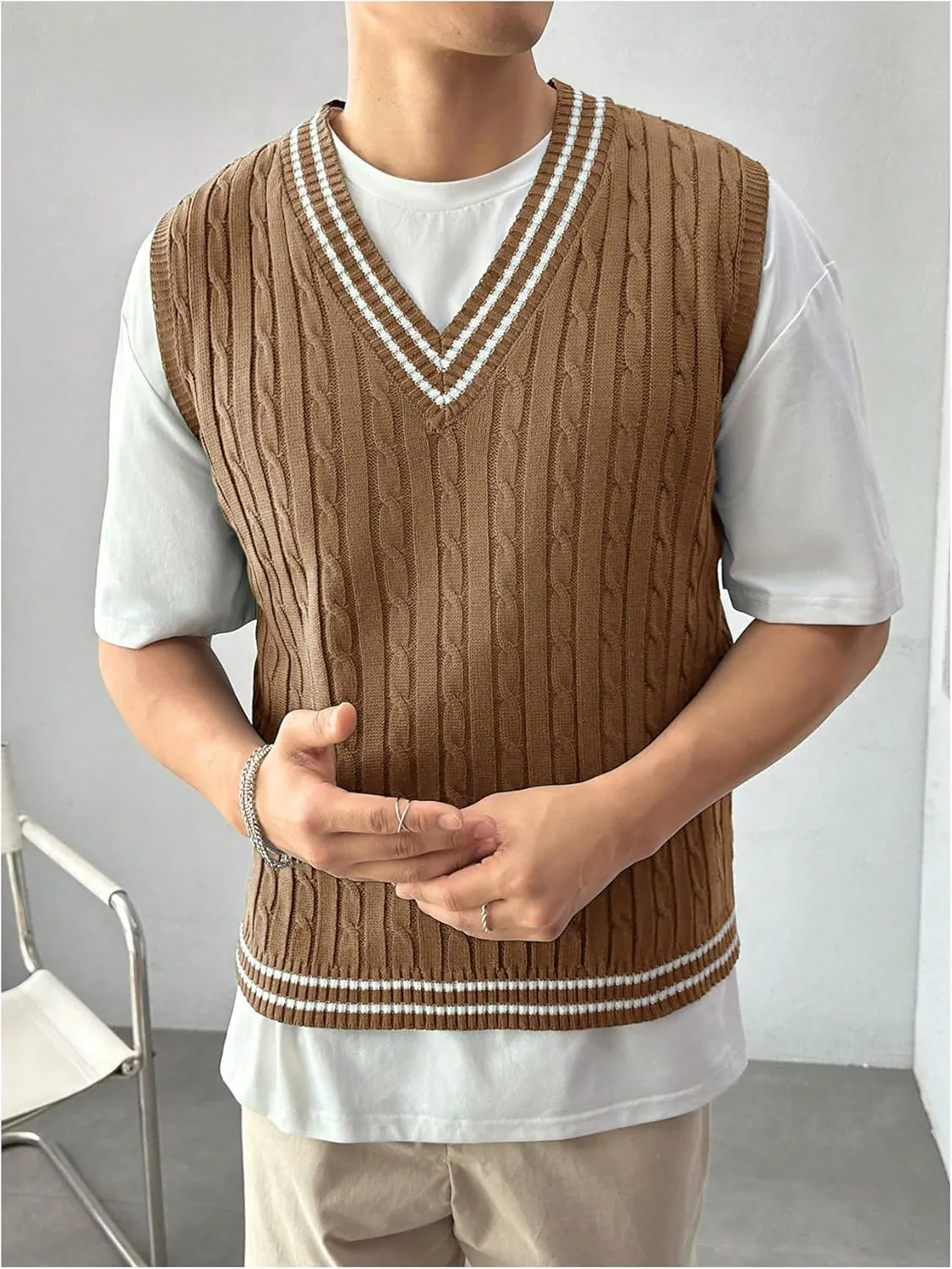 SOLY HUX Men's Striped Cable Knit Sweater Vest V Neck Sleeveless Casual School Sweater Tops