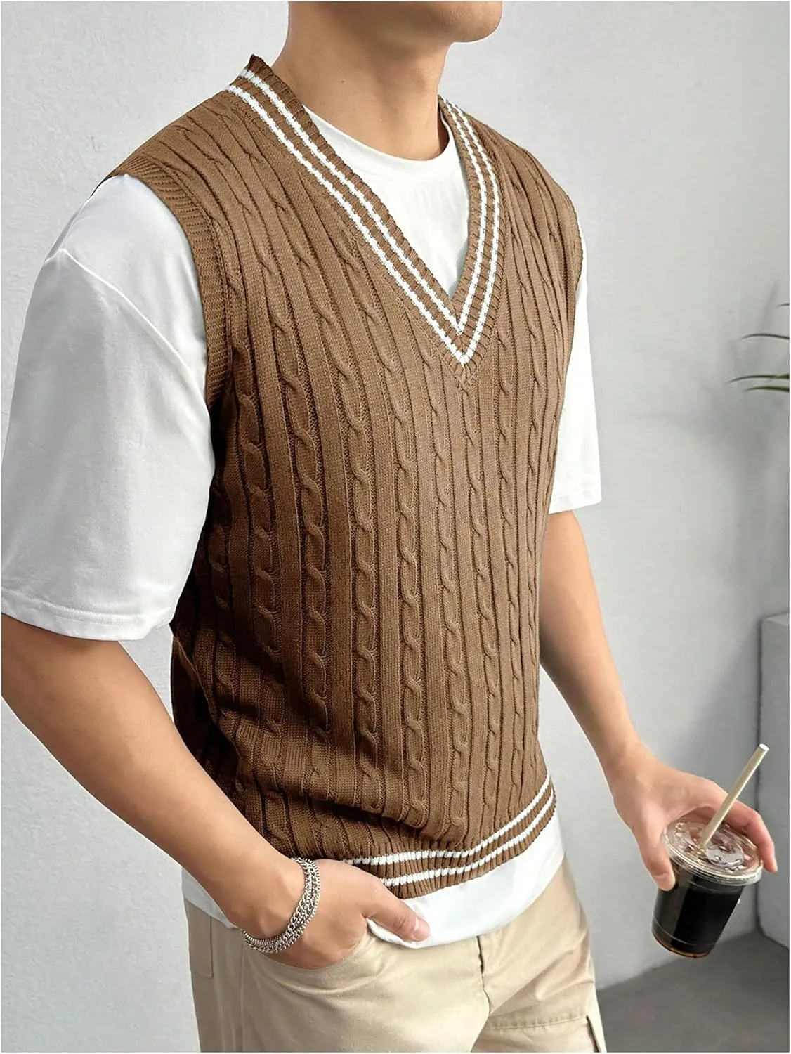 SOLY HUX Men's Striped Cable Knit Sweater Vest V Neck Sleeveless Casual School Sweater Tops