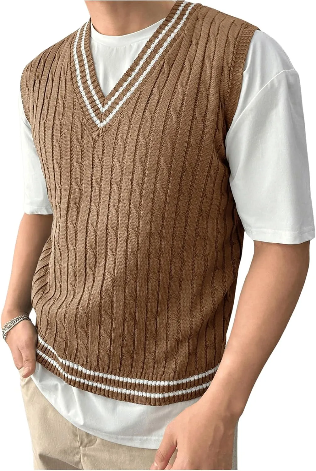 SOLY HUX Men's Striped Cable Knit Sweater Vest V Neck Sleeveless Casual School Sweater Tops