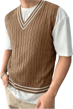 SOLY HUX Men's Striped Cable Knit Sweater Vest V Neck Sleeveless Casual School Sweater Tops