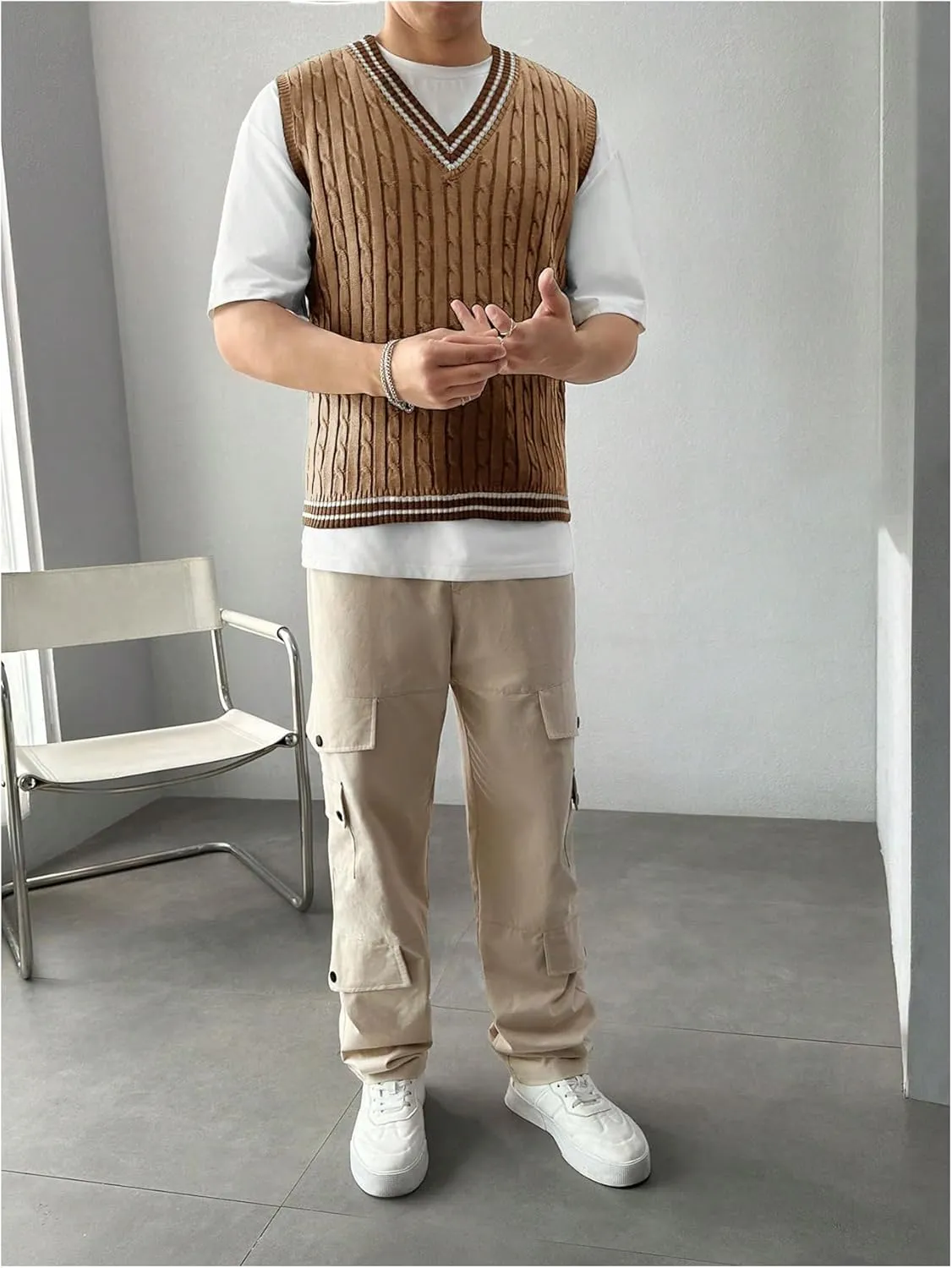 SOLY HUX Men's Striped Cable Knit Sweater Vest V Neck Sleeveless Casual School Sweater Tops
