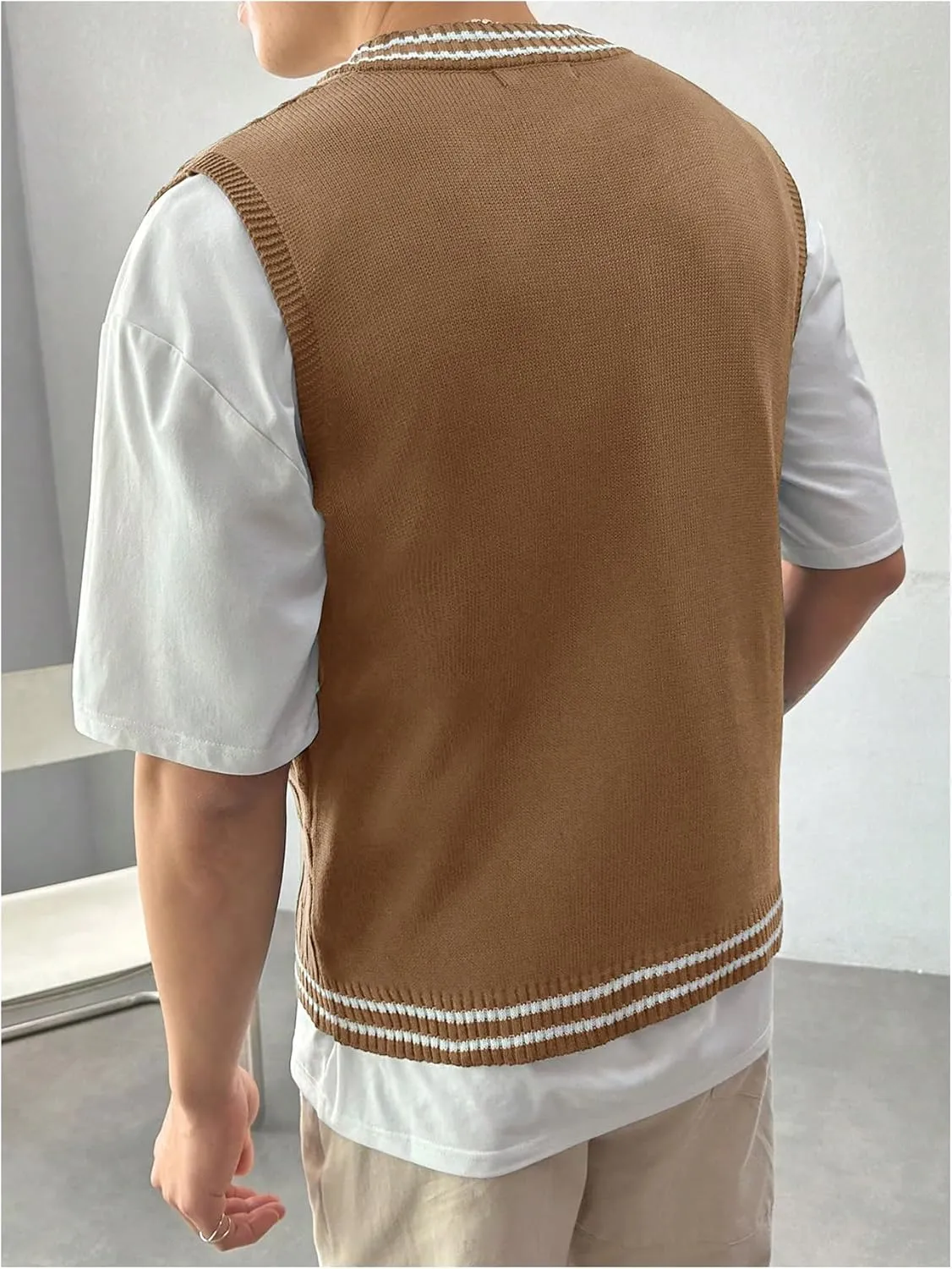 SOLY HUX Men's Striped Cable Knit Sweater Vest V Neck Sleeveless Casual School Sweater Tops