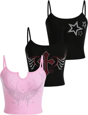 SOLY HUX Women's 3 Piece Y2k Rhinestone Cami Top Graphic Sleeveless Camisole