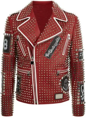 SpazeUp Mens Studded Leather Jacket - Motorcycle Leather Jacket With Spikes - Studded Spiked Leather Jackets Men