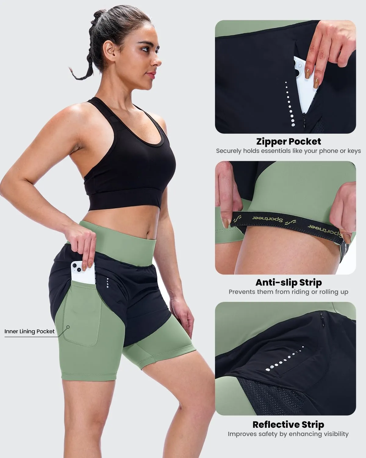 Sportneer Women Padded Bike Shorts - 4D Bicycle Cycling Shorts with 2 Zipper Pockets & Inner Pocket, Stylish and Comfortable