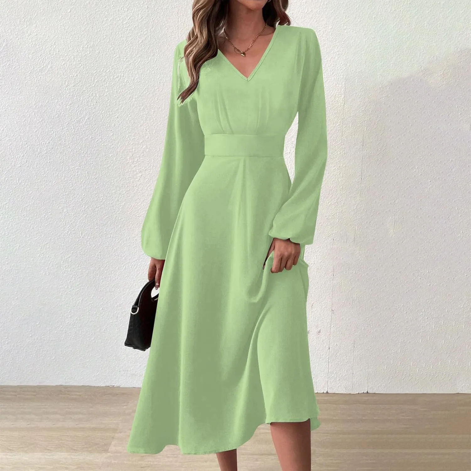 Spring Dresses for Women 2025,Women's 2025 Midi Dress Casual Long Sleeve V Neck Solid Color A Line Flowy Dresses